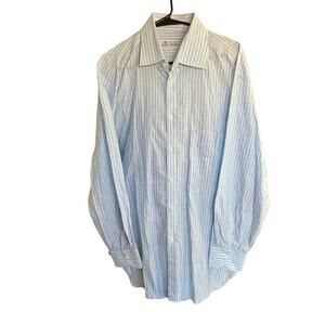 Luigi Borelli Shirt Men's Button Up Blue Stripe Large Made In Italy 100% Cotton